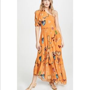 Farm Rio Yellow hearts one shoulder dress